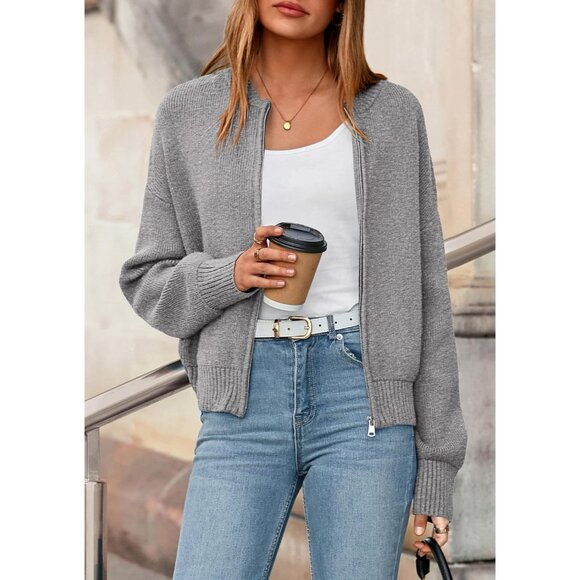 Women's Cropped Cardigan Sweaters Fall Open Front Long Sleeve Ribbed Knit Zipper - Picture 8 of 8